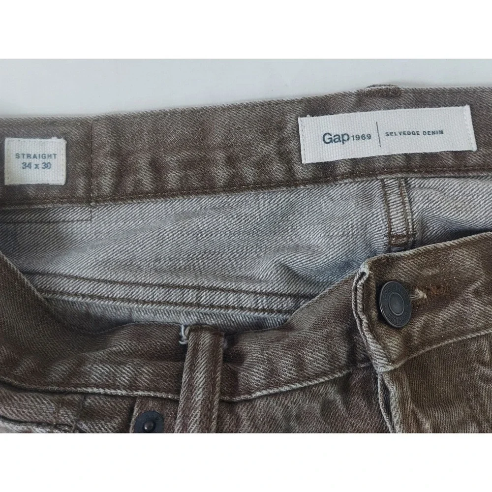Gap 1969 Mens Straight Selvedge Denim Jeans Brown‎ 34x30 Button Fly